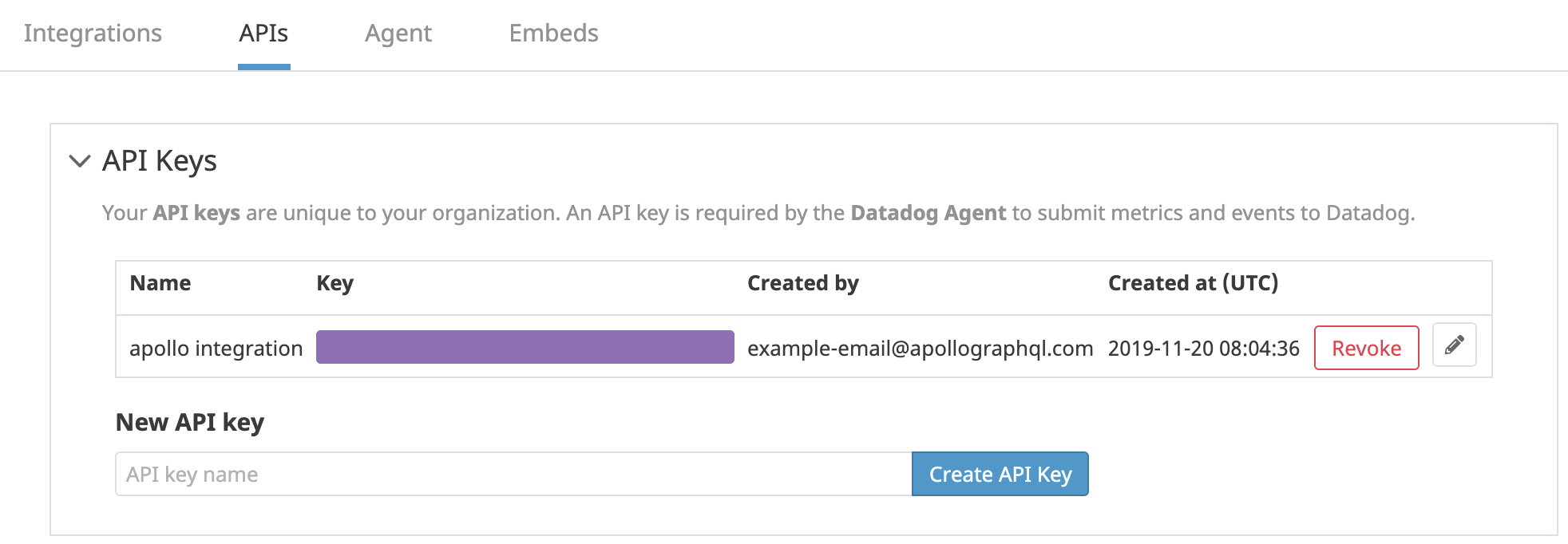 Datadog API key list